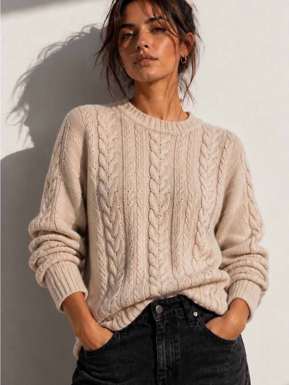 L.L.Bean Oatmeal Cable Knit Cotton Sweater Heritage Preppy Coastal Gorpcore Top